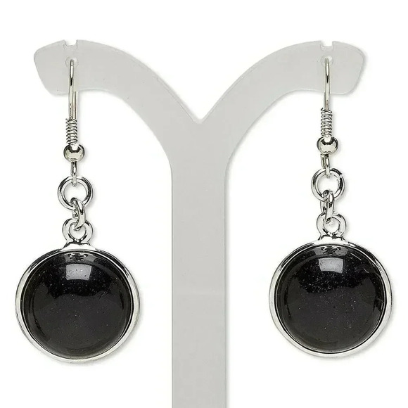 Handcrafted Natural Black Obsidian Gemstone Cabochon Silver Dangle Earrings - Picture 1 of 1